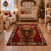 Highland Cow in Santa Hat Christmas area rug in a nursery with a crib