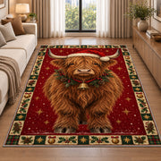 Highland Cow in Santa Hat Christmas area rug in a living room beside a sofa