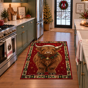 Highland Cow in Santa Hat Christmas area rug in a holiday kitchen