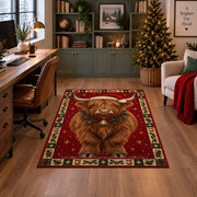 Highland Cow in Santa Hat Christmas area rug in a home office with a Christmas tree
