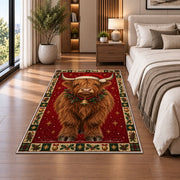 Highland Cow in Santa Hat Christmas area rug in a bedroom beside the bed
