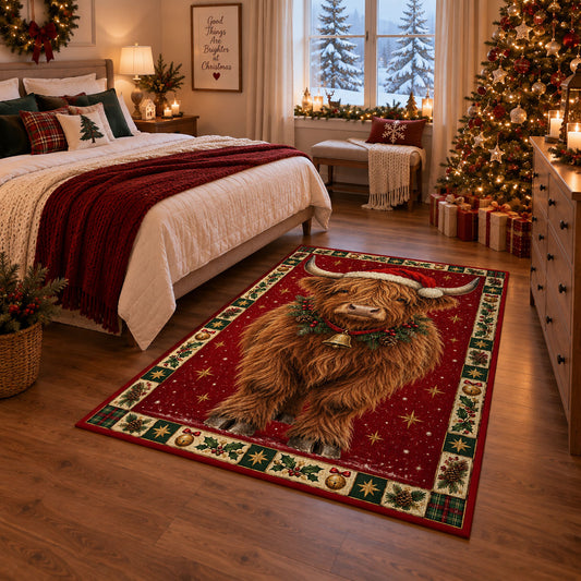 Highland Cow in Santa Hat Christmas area rug in a bedroom with festive decor