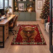 Highland Cow in Santa Hat Christmas area rug in a home office beside a desk