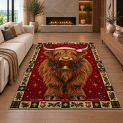 Highland Cow in Santa Hat Christmas area rug in a living room with a fireplace
