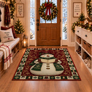Caroling Snowman Christmas area rug in a Christmas-decorated entryway
