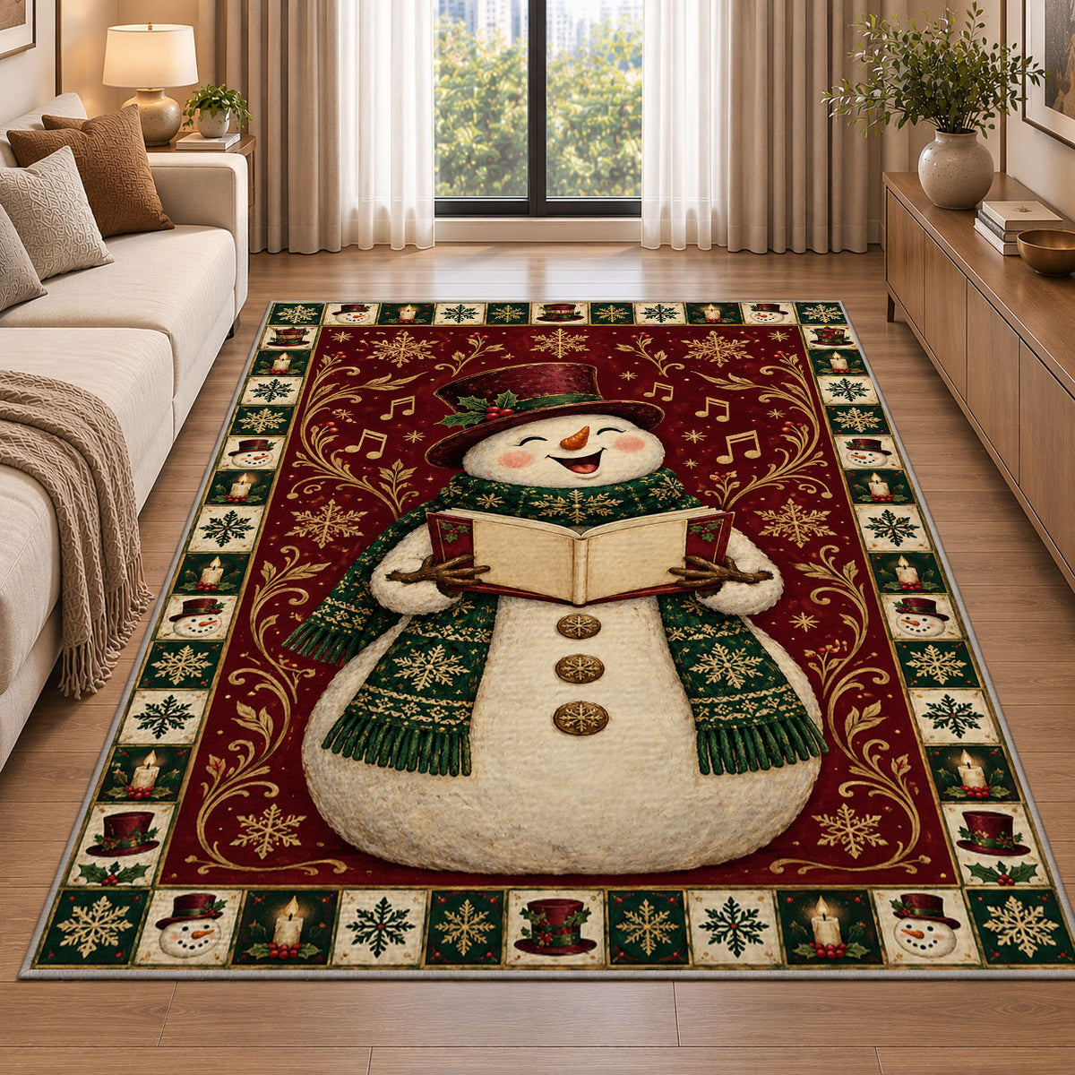 Caroling Snowman Christmas area rug in a living room beside a sofa