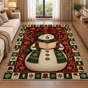 Caroling Snowman Christmas area rug in a living room beside a sofa