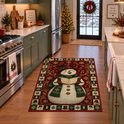 Caroling Snowman Christmas area rug in a holiday kitchen