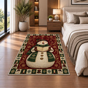 Caroling Snowman Christmas area rug in a bedroom beside the bed