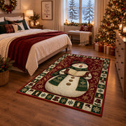 Caroling Snowman Christmas area rug in a bedroom with festive decor