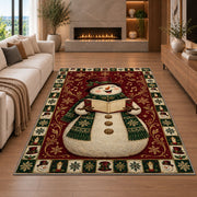 Caroling Snowman Christmas area rug in a living room with a fireplace
