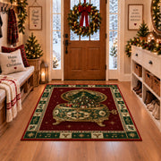 Ornate Music Box Christmas area rug in a Christmas-decorated entryway