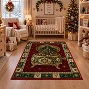 Ornate Music Box Christmas area rug in a nursery with a crib