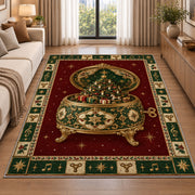 Ornate Music Box Christmas area rug in a living room beside a sofa