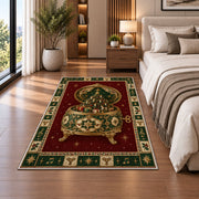 Ornate Music Box Christmas area rug in a bedroom beside the bed