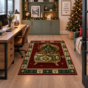 Ornate Music Box Christmas area rug in a home office beside a desk