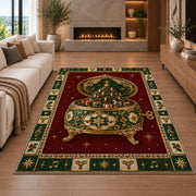 Ornate Music Box Christmas area rug in a living room with a fireplace