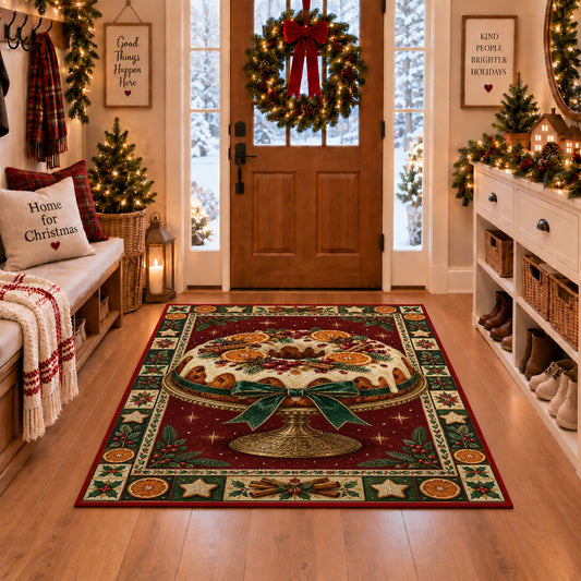 Glazed Christmas Fruitcake Christmas area rug in a Christmas-decorated entryway