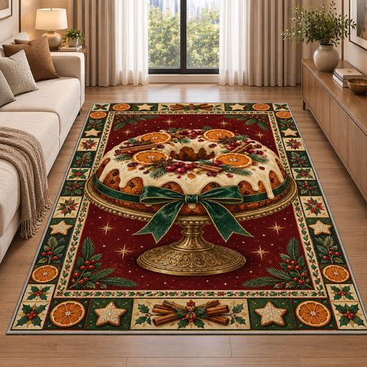 Glazed Christmas Fruitcake Christmas area rug in a living room beside a sofa