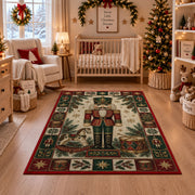 Toy Soldier Nutcracker Christmas area rug in a nursery with a crib