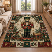 Toy Soldier Nutcracker Christmas area rug in a living room beside a sofa