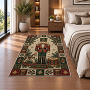 Toy Soldier Nutcracker Christmas area rug in a bedroom beside the bed