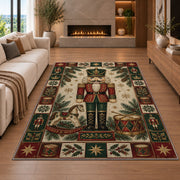 Toy Soldier Nutcracker Christmas area rug in a living room with a fireplace