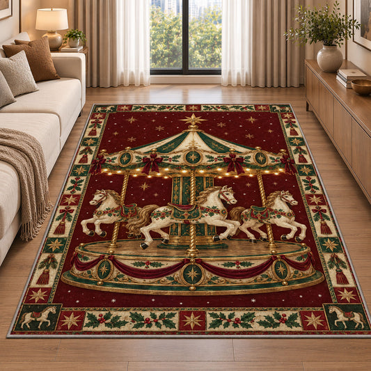 Carousel Horses with Garland Christmas area rug in a living room beside a sofa