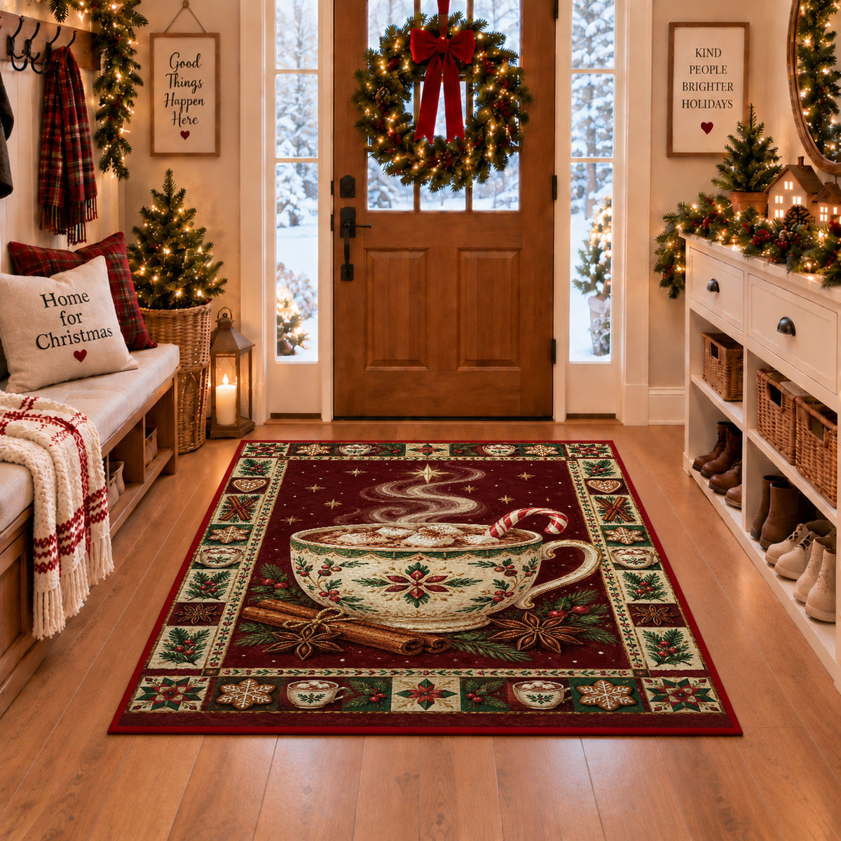 Hot Cocoa Mug Christmas area rug in a Christmas-decorated entryway