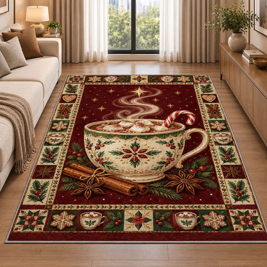 Hot Cocoa Mug Christmas area rug in a living room beside a sofa