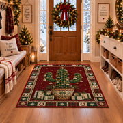 Christmas Cactus with Gifts Christmas area rug in a Christmas-decorated entryway