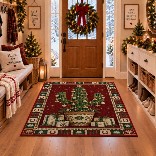 Christmas Cactus with Gifts Christmas area rug in a Christmas-decorated entryway