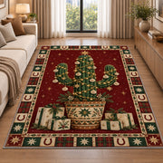 Christmas Cactus with Gifts Christmas area rug in a living room beside a sofa