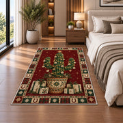 Christmas Cactus with Gifts Christmas area rug in a bedroom beside the bed