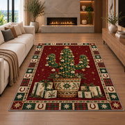 Christmas Cactus with Gifts Christmas area rug in a living room with a fireplace