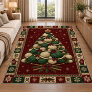 Yarn Ball Christmas Tree Christmas area rug in a living room beside a sofa