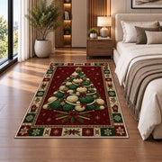 Yarn Ball Christmas Tree Christmas area rug in a bedroom beside the bed
