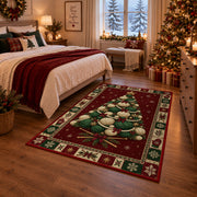 Yarn Ball Christmas Tree Christmas area rug in a bedroom with festive decor