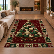 Yarn Ball Christmas Tree Christmas area rug in a living room with a fireplace