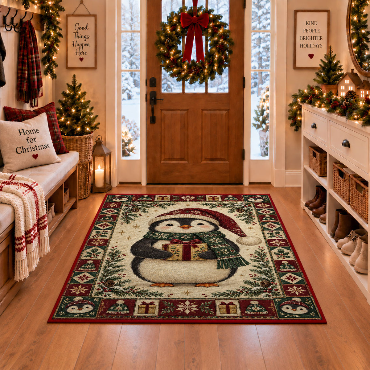Penguin with Gift Christmas area rug in a Christmas-decorated entryway