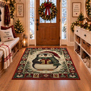 Penguin with Gift Christmas area rug in a Christmas-decorated entryway