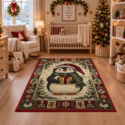 Penguin with Gift Christmas area rug in a nursery with a crib