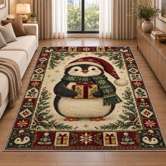 Penguin with Gift Christmas area rug in a living room beside a sofa