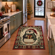 Penguin with Gift Christmas area rug in a holiday kitchen