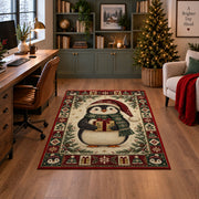 Penguin with Gift Christmas area rug in a home office with a Christmas tree