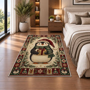 Penguin with Gift Christmas area rug in a bedroom beside the bed