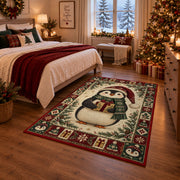 Penguin with Gift Christmas area rug in a bedroom with festive decor