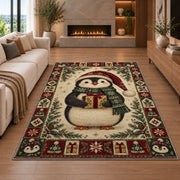Penguin with Gift Christmas area rug in a living room with a fireplace