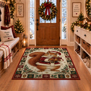 Squirrel in Santa Coat Christmas area rug in a Christmas-decorated entryway