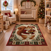 Squirrel in Santa Coat Christmas area rug in a nursery with a crib